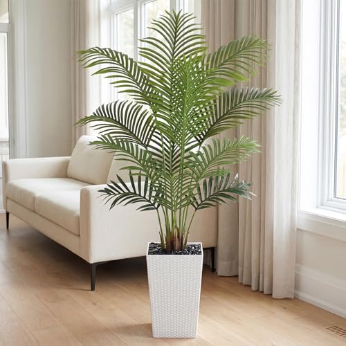 Image of 5ft Artificial Palm Tree with White Planter - Tall Fake Palm Tree Indoor Fake Tropical Plant for Home Office Living Room Bedroom Modern Decor