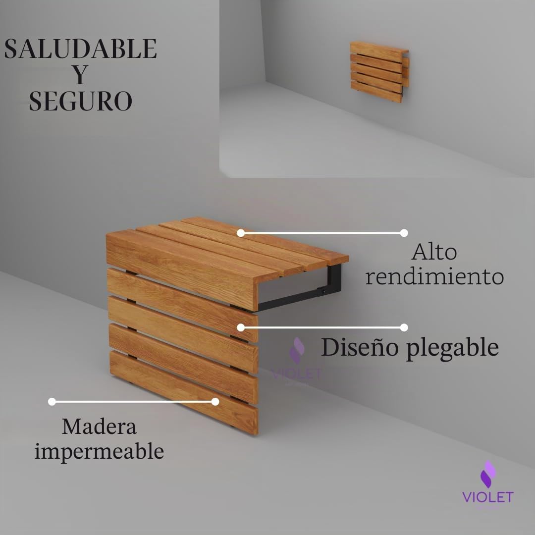 20" Asiento de ducha plegable de madera de teca grande montado en la pared, hecho a mano, banco de baño resistente y que cumple con ADA, taburete de baño robusto y que ahorra espacio, silla compacta y