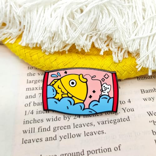 Image of Cute Kitten Catches A Big Fish Pin - Fun Series | Premium Enamel Pin - Statement Lapel Pin - Plated Badge for Clothing, Bags, Hats, Jackets, and Lanyards