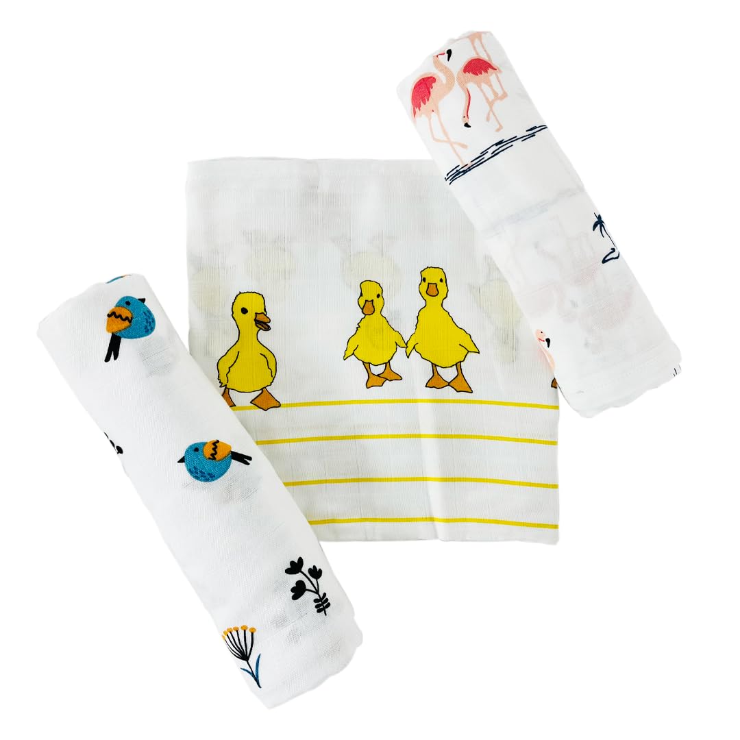 TinyLane - Curated for you! 100% Organic Bamboo Muslin Swaddle New Born Baby, 0-6+ Months, 90x90 cm, Multi Color, Skin Friendly (Bird + Duck + Flamingo, Pack of 3)