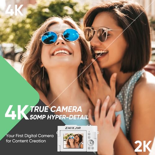 Image of 4K Digital Camera for Photography- 50MP Autofocus Vlogging Camera with 2.8 inch 180Flip Screen, 18X Digital Zoom- Compact Point and Shoot Camera with 32GB TF for YouTube, Travel, Beginners, White
