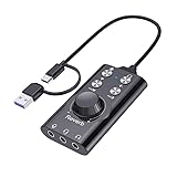 PUSOKEI USB/USB C auf 3,5mm Audio Jack Adapter, Externe Stereo-Soundkarte mit Lautstärke Regler, Virtual 7.1 Surround Sound, Bluetooth 5.0, Plug and Play