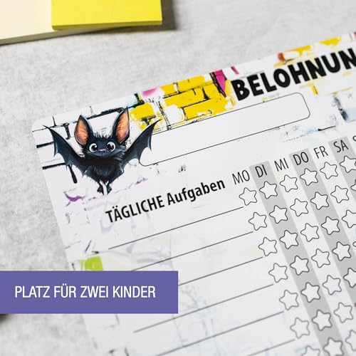 TOBJA Belohnungstafel Kinder magnetisch – Graffiti Design mit Eule & Fledermaus – Für 2 Kinder – Mit 4 Stiften – Tägliche & wöchentliche Aufgaben – 30 x 30 cm – Abwischbar