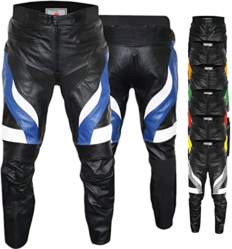 German Wear Pantalon de moto en cuir de vachette Bleu/blanc/noir Bleu BlauWeiss/Schwarz L
