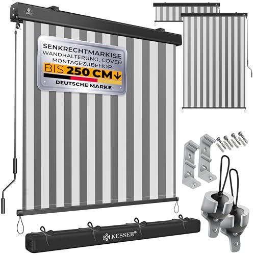 KESSER® Senkrechtmarkise 200x250cm Außenrollo Handkurbelmechanismus Balkonrollo Sonnen-und Sichtschutz Beschattung Sonnenschutz mit Kurbel Markisenkasten Balkon & Terrasse inkl Montageset & Abdeckung