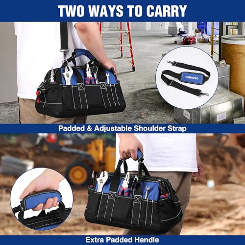 Image of WORKPRO 16-inch Wide Mouth Tool Bag with Water-Proof Molded Base | Multi-Pocket, Heavy Duty Cloth, Adjustable Shoulder Strap, Double-pull Zipper, Suitable for Workshops, Outdoor Projects