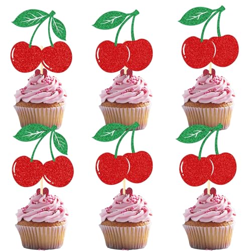 DIELOVEHUA Decoracion Tartas Cumpleaños, 24 Piezas Decoración de Pastel de Cereza, Adornos de Pastel con Purpurina Rojo, para Postres y Pasteles de Fiesta, para Bodas, Cumpleaños, Fiestas