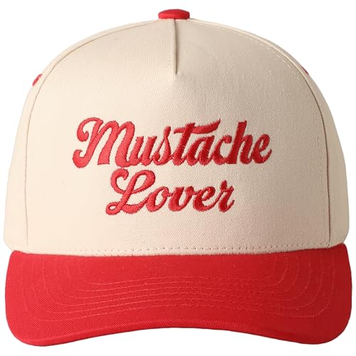 MIRMARU Two-Tone Vintage Canvas Trucker Hats for Men & Women Adjustable Size Baseball Caps with Trendy Embroidered Design (US Alpha One Size Mustache Lover Red)