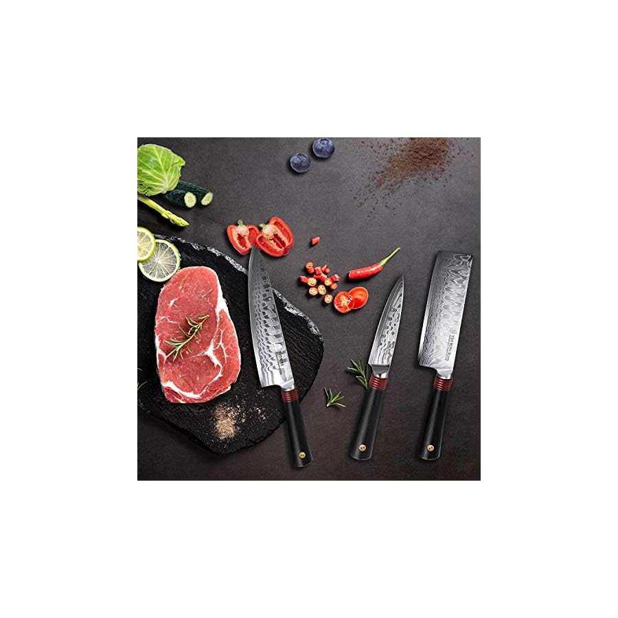 TUO-Damascus-Kitchen-Knife-Set-3-Piece-8-Chef-Knife-65-Nakiri-Knife-and-35-Paring-Knife-Japanese-AUS-10-High-Carbon-Stainless-Steel-Full-Tang-G10-Handle-Gift-Box-Ring-D-Series TUO Damascus Kitchen Knife Set 3 Piece, 8" Chef Knife, 6.5" Nakiri Knife and 3.5" Paring Knife, Japanese AUS-10 High Carbon Stainless Steel, Full Tang G10 Handle - Gift Box - Ring-D Series