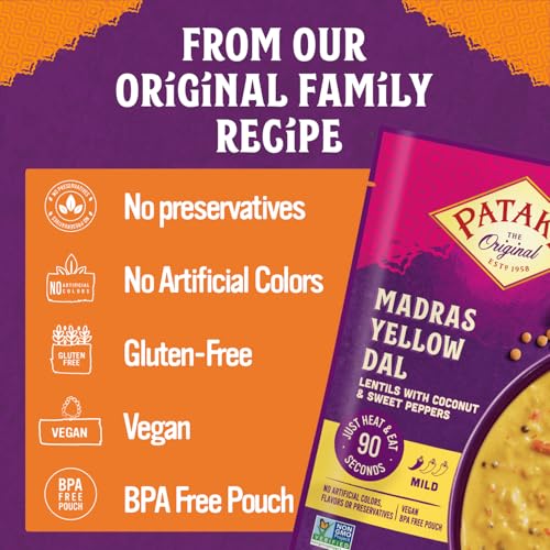 Image of Patak's Madras Yellow Dal - Savory Yellow Lentils in Creamy Coconut Milk w /Sweet Peppers & Spices - Vegan Microwaveable Meal for Quick Lunches or Dinners - Serve w /Rice or Naan - 10.05oz (Pack of 6)