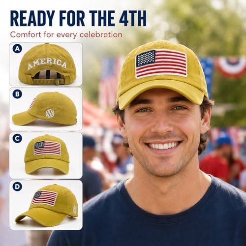 Image of American Flag Baseball Cap for Men Women, Washed Cotton USA Hat, Adjustable Patriotic Cap for 4th of July