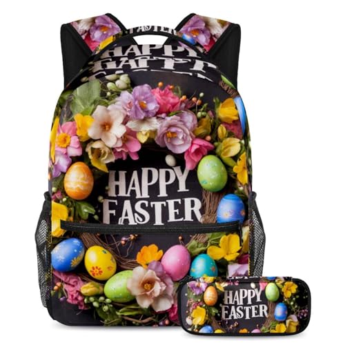 Sac à dos et trousse couronne de Pâques noire pour ados, ensemble scolaire multicolore de 40cm