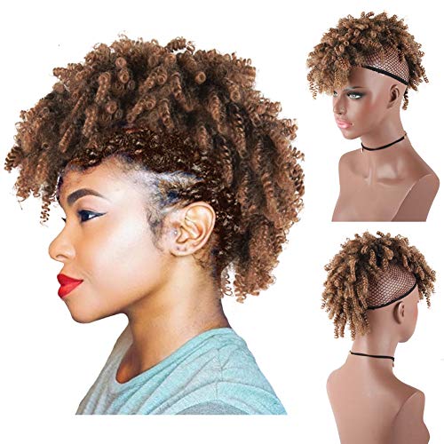 AISAIDE High Puff Afro Ponytail Drawstring,Short Curly Ponytail Extension,Mohawk Kinky Synthetic Hair Bun with Bangs,Wrap Updo Clip in Hair Extensions with Six Clips and Two Comb