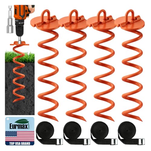 Image of Eurmax USA 4-Pack Spiral Ground Stakes,Anti-Rust High Wind Trampoline Stakes Anchors,Heavy Duty Screw-In Anchor Kit with Tie Down Straps for Dog Tie-out,Trampoline,Tents,Tarps,Carports and more,Orange