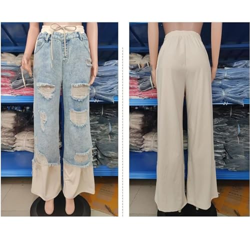 Women's Denim Trousers with Stitching and Ripped Design, High Waisted Cute Drawstring Ripped Patchwork Jeans3