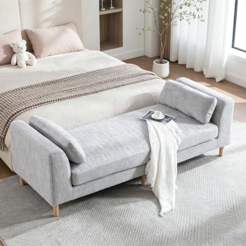 poneeridea 83" End of Bed Benches King Size with Solid Wood Legs & 2 Bolster Pillows,Chenille End of Bed Couch King Size,Extra Large Window Bench,Gray Chaise Bench Living Room
