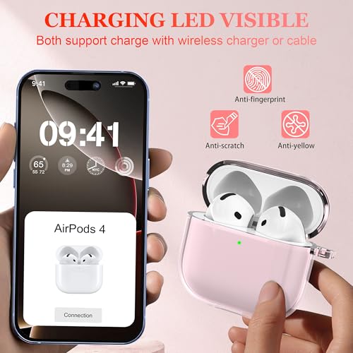 Image of for AirPods 4th Generation Case Cover 2024, Military-Grade Shockproof, Soft TPU Highly Transparent Anti-Yellowing for AirPods 4 Case with Cleaning Kit & Cute Round Buckle, Clear Pink