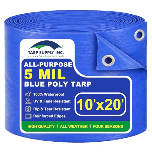 TARP SUPPLY INC. 10x20 ft Blue Tarp 5 Mil Light Duty Waterproof Poly Tarp with Metal Grommets UV Resistant Outdoor Tarpaulin for Camping Car Roof Boat & Patio