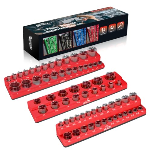 Image of GOOACC 3 PCS Magnetic Socket Organizer Set, Heavy Duty Socket Organizer Tray 1 /4 inch 3 /8 inch 1 /2 Inch SAE Impact Drive Sockets Holds 68, Magnetic Socket Holder for Tool Box Drawer Chest Garage Storage, Red