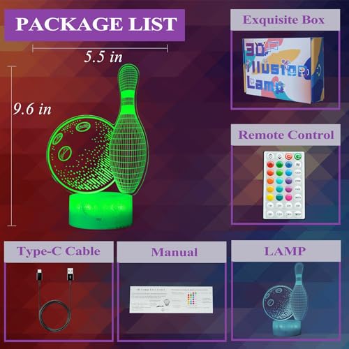 Image of Bowling Night Light, Bowling Gifts 3D Illusion Lamp with 16 Colors Changing, Timer, 4 Flash Modes and Dimmable, Kids Boys Girls Room Decoration, Holiday Xmas Gifts