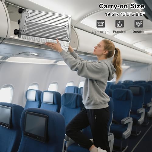 Gets All Aluminum Carry on Luggage Airline Approved,20 Inch Hardshell Spinner Luggage With Cup Holder and USB Charger,TSA Lock,Front Pocket Durable Suitcase for Women Men-Silver,22x14x92