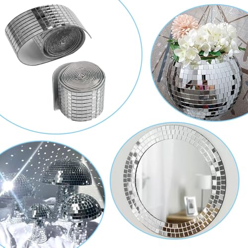 4 Rollen Selbstklebende Mini Spiegel 5 x 5 mm Glas - Spiegel Mosaik Fliesen Disco Kugel für KTV & DIY Dekoration, 4 x 100 cm/Rolle