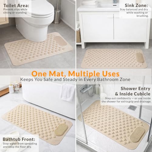 Image of HOMEZE Rectangular Anti Skid Bath Mat, 70 X 35, Beige | Foot Scrubber, Suction Cups, Drain Holes, Silicone, For Kids & Adults