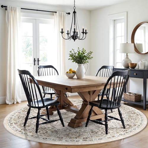 RUUGME Vintage 6round Rug Washable - Large Boho Rugs for Living Room Stain Resistant Carpet Vintage Tribal Rugs for Bedroom Kitchen Bathroom with Non Slip Backing Floor Decoration Mat 6ft Ivory