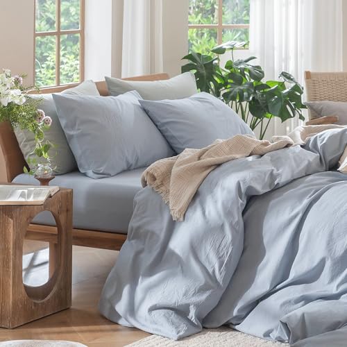 Image of MooMee Duvet Cover Set 100% Washed Cotton Linen Like Alaska King | Relaxed Linen-like Texture. Soft, Breathable & Long-lasting Comfort. Lightweight. Hidden Zipper with 8 Interior Corner Ties