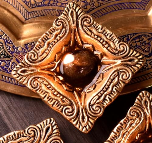 Indian Shelf Handmade Square Shaped Engraved Brass Oil Lamps for Ritual Puja Kerala Temple Pooja Deepak Ancient Pital Diya (Size: 2cm) BOL-339