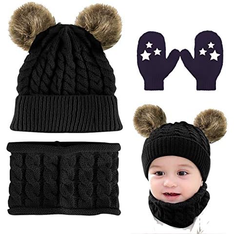 Yutdeng Baby Toddler Knit Beanie Neck Warmer Gloves 2PC/3PC Beanie Hats Mittens with Circle Scarf Baby Winter Warm Pompom Cap 0-24 Month Black Cover