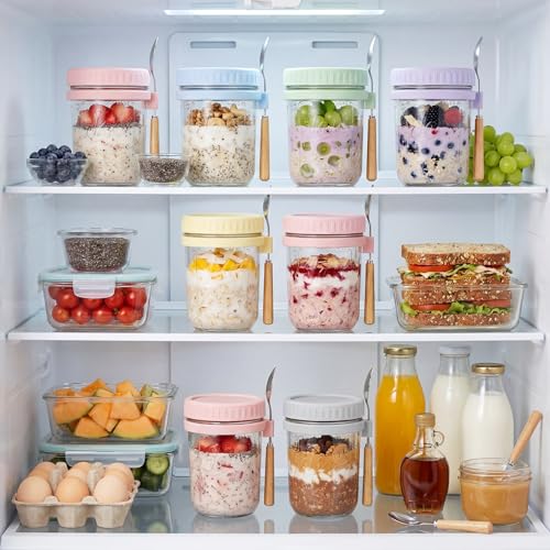 Image of 16oz Glass Overnight Oats Containers with Lids and Spoons, 4 Pack Purple