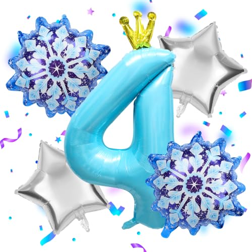 7Pcs 4th Birthday Party Decorations Balloons Winter Snowflake Balloons Large Blue 40 Inch Number 4 Balloon Foil Star Ballon for Birthday Party Favor Decor Supplies Winter Wonderland Decoration