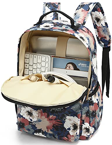 Image of Leaper Water-resistant Floral Laptop Backpack Travel Bag bags Satchel (Beige-Dark Blue)