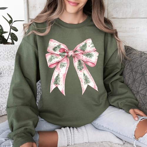 Christmas Graphic Tree Ribbon Sweatshirt, Merry Christmas Coquette Tee, Family Matching Christmas Pajamas, Cute Xmas Ribbon Sweater, Christmas Tree Hoodie, Christmas Party Crewneck Multi Color2