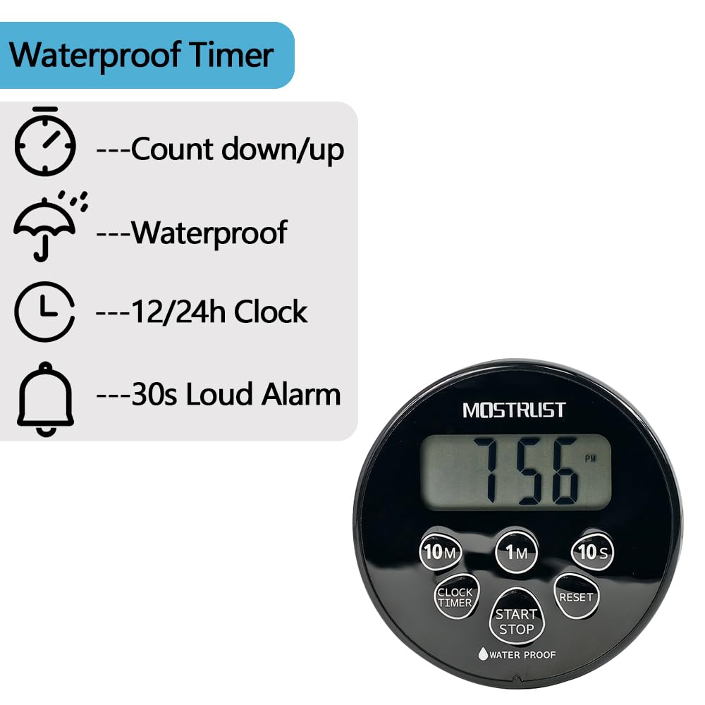 MOSTRUST Digital Waterproof Shower Clock Timer, Bathroom Kitchen Countdown Cooking Timer with Alarm, Magnetic Back, Stand Dark Black