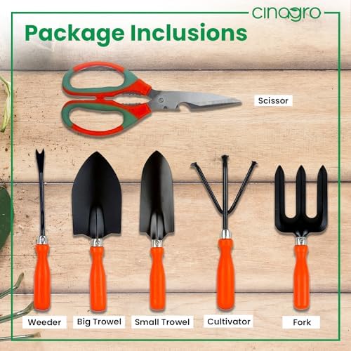 Image of Cinagro Garden Tools Kit Set of 6, Weeder, 2 Trowels, Hand Fork, Cultivator | Gardening Scissor, Farming Tools, Accessories For Home & Outdoor Gardening