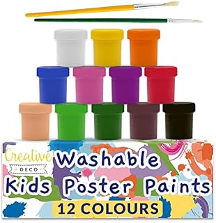 Creative Deco Washable Paint for Kids Poster Paint Set | 20 ml x 12 Pots | Children Toddlers Finger Paints | Basic, Vibrant, Pigmented & Intense Colours | Safe & Non-Toxic Quick Drying & Matte Finish