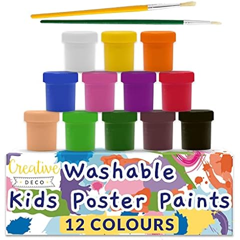 Creative Deco Washable Paint for Kids Poster Paint Set | 20 ml x 12 Pots | Children Toddlers Finger Paints | Basic, Vibrant, Pigmented & Intense Colours | Safe & Non-Toxic Quick Drying & Matte Finish Cover
