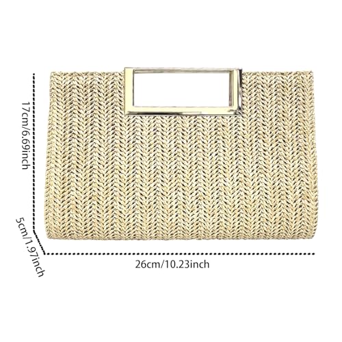 Image of Women's Straw Raffia Clutch Purse, Top Handle Woven Handbag with Crossbody Strap, Summer Beach Shoulder Bag