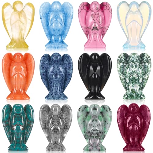 Nuenen 12 Pieces Crystal Angel Figurines Bulk Guardian 1.5 Inch Angel Statue Stones Gemstones Crystals Carved Stones for Easter Decor Gifts Home Witchcraft Supplies(Stylish Color)