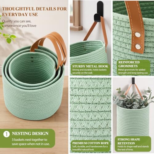 Image of Honeydak 3 Hanging Baskets, Sage Green, Cylinder, Cotton Rope