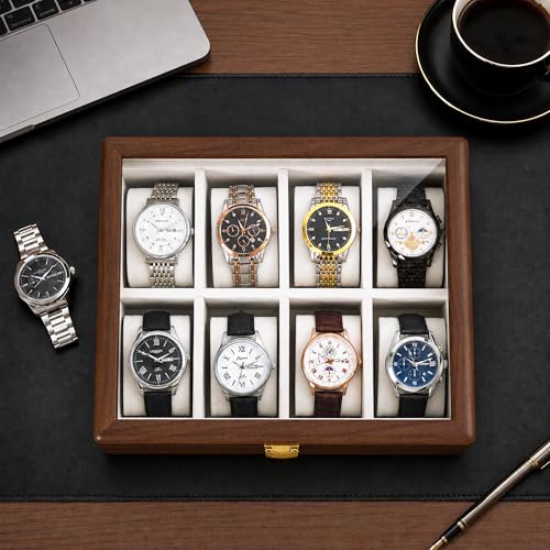 Image of Solid Black Walnut Watch Box, 8 Slot Wooden Watch Organizer with Glass Lid, High-End Watch Display Case Jewelry Storage Box, Gift for Husband, Dad, Birthday, Anniversary, Father's Day, Men and Women