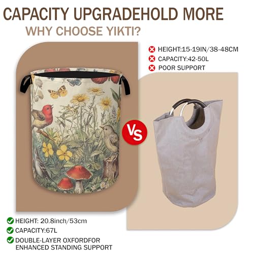 Image of Collapsible Laundry Basket,Vintage Flower Bird Dirty Clothes Hamper,Rustic Butterfly Mushroom Hampers for Bedroom Waterproof Oxford Cloth Storage Organizer for Bathroom,Nursery,Dorm,16x20 Inch