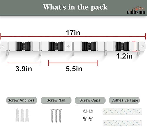 Miniatura 6 de Soporte de pared para escoba de fregona, de acero inoxidable, organizador de trapeadores para colgar en la pared con 4 abrazaderas, 5 ganchos,