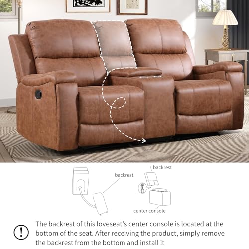 Image of CANMOV Faux Leather Manual Recliner Sofa Set, Manual Reclining Sofa and Recliner Loveseat with Center Console, Hidden Storage and Cup Holders for Living Room,Bedroom Furniture,Brown