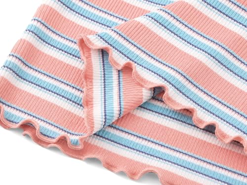Image of Girls Striped T-Shirt Lettuce Trim Short Sleeve Top Size 6-16 | Soft stretch ribbed knit fabric, breathable blouse,summer outfit for big girls & teen, for school, party and daily activity