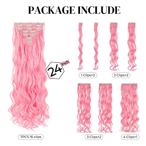 Clip In Hair Extensions, Lonai 7Pcs 24" Long Pink Wavy Synthetic Hairpiece For Women Natural Hair For Daily Use Cosplay Halloween Costume Party-Burgunry #TOP1