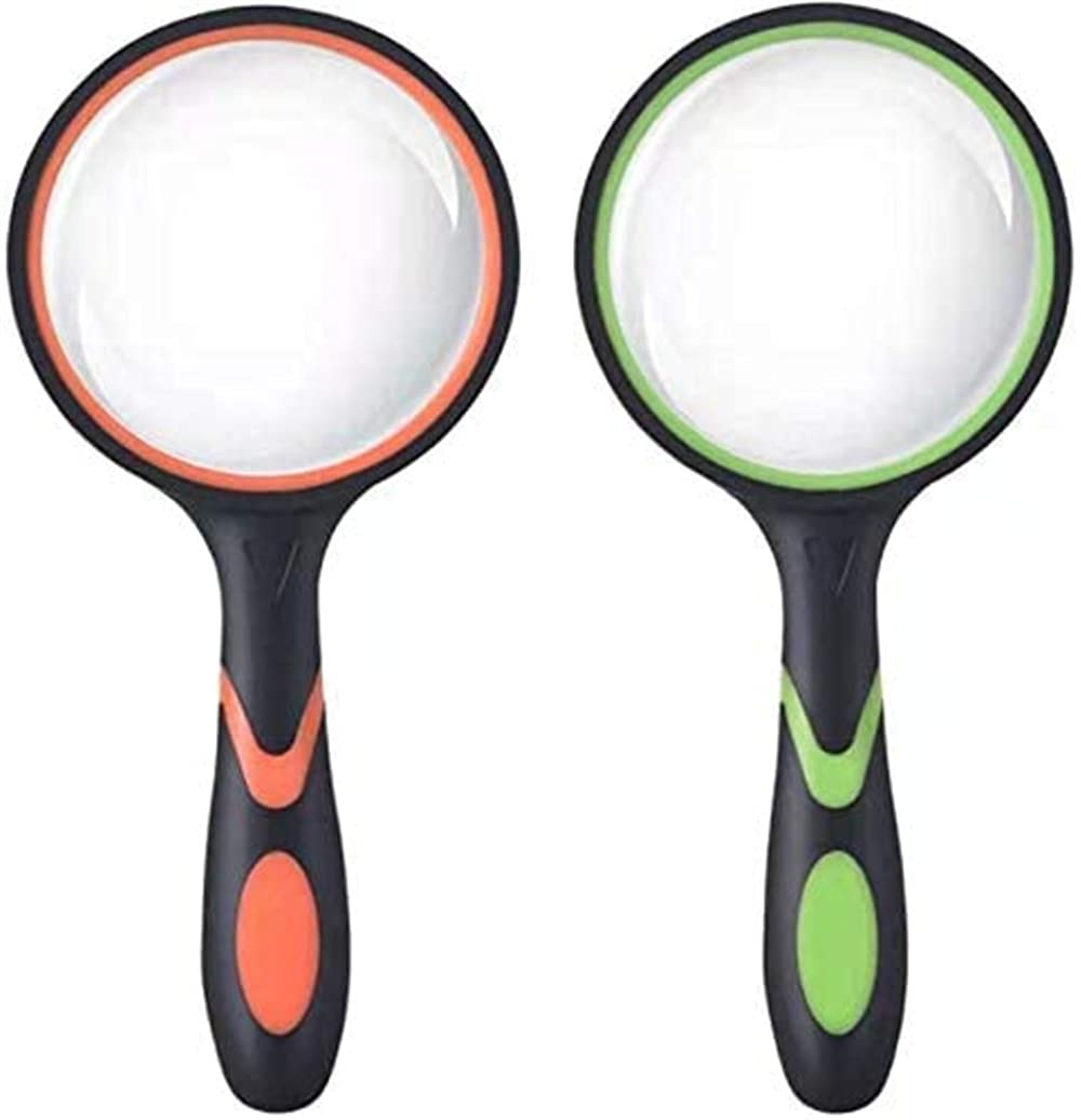 ELECDON Handheld Magnifying Glass, 10X Magnifying Glass 2 Pack 75mm, Shatterproof Reading Magnifier for Seniors and Kids with Non Slip Rubber Handle for Reading Hobbies Science (Orange and Green)