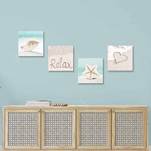 Coastal Seashell Picture Wall Art - Beach Themed Canvas Print Relaxing Seascape Artwork Contemporary Calming Seaside Starfish Conch Nature Photography Summer Blue Sea Ocean Scenery Painting For Bathroom Bedroom Office #TOP5